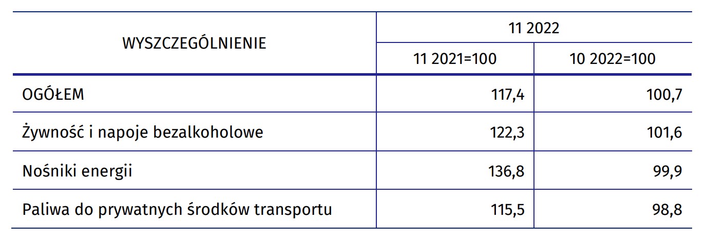 Inflacja w Polsce - szczegóły za listopad 2022