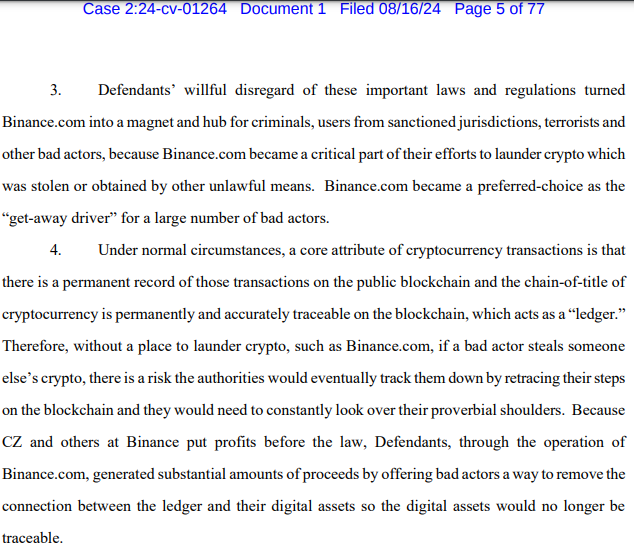Binance i CZ stają przed sądem w sprawie prania pieniędzy, Źródło: Złożenie w sądzie.