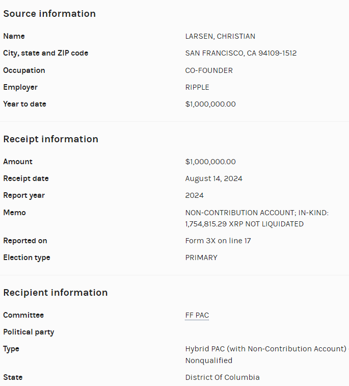 Darowizna 1 mln USD w XRP od Larsena.