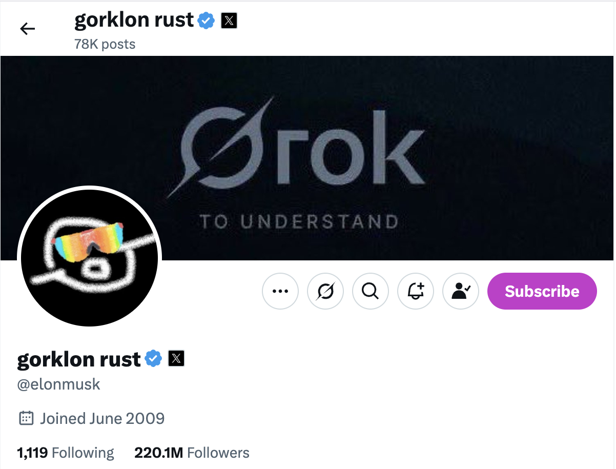 Zmiana nazwy użytkownika Elona Muska na Gorklon Rust