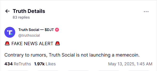 Truth Social zaprzecza plotkom o monecie meme