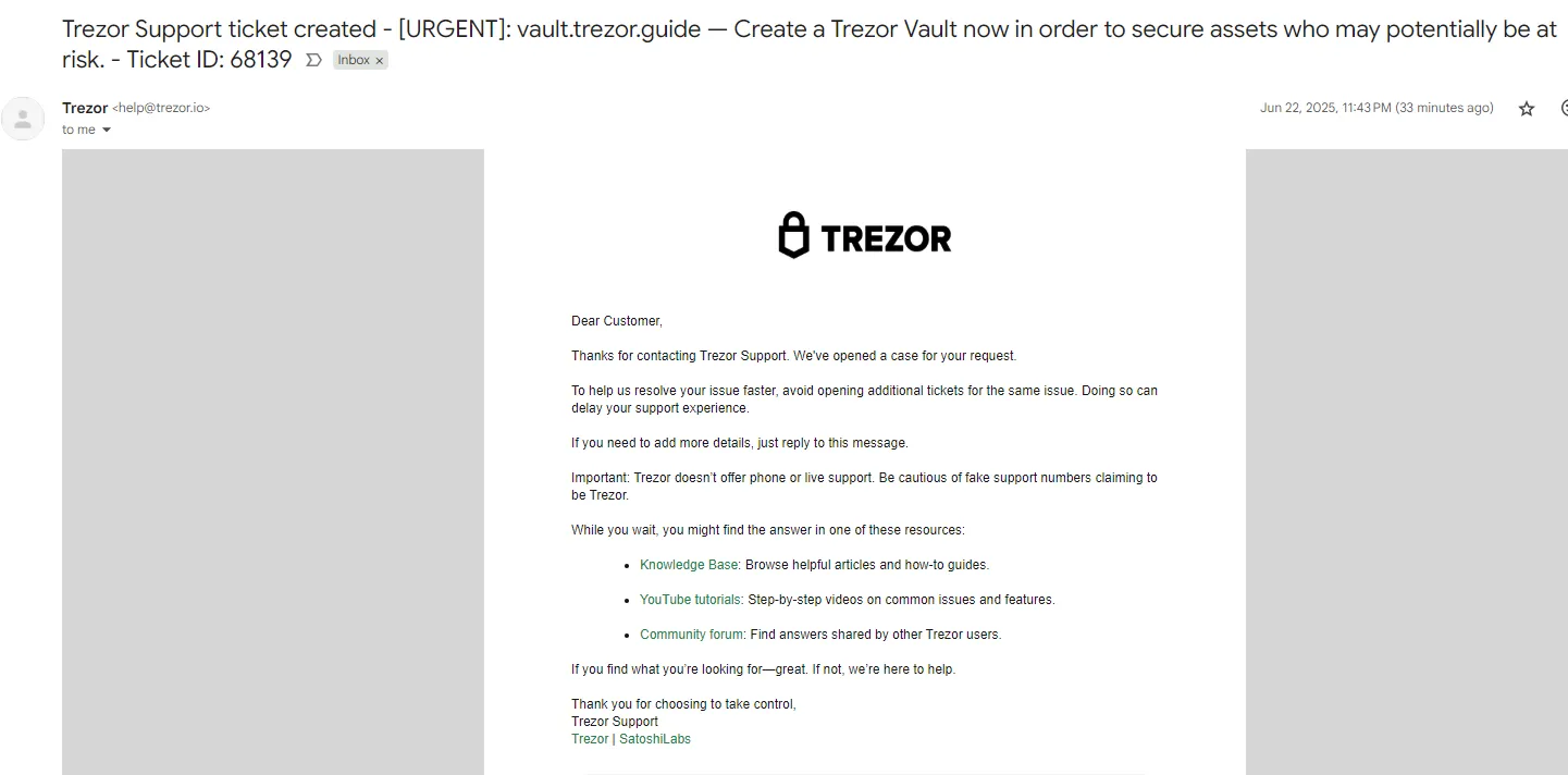 Trezor Phishing Email