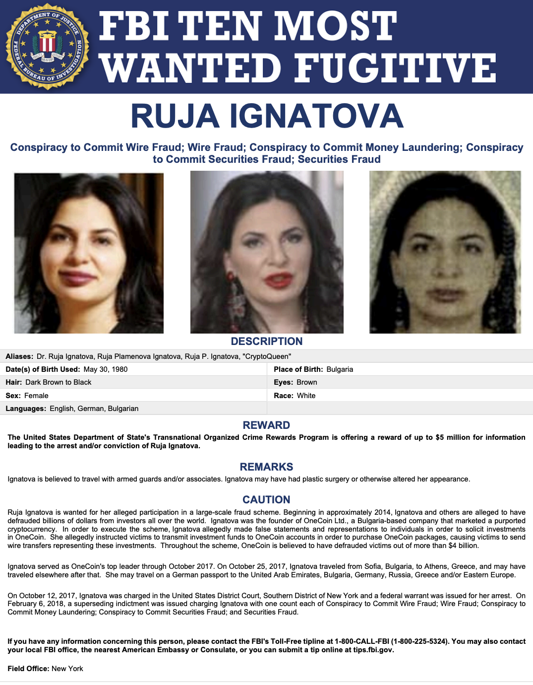 Ruja Plamenova Ignatova na liście najbardziej poszukiwanych przez FBI