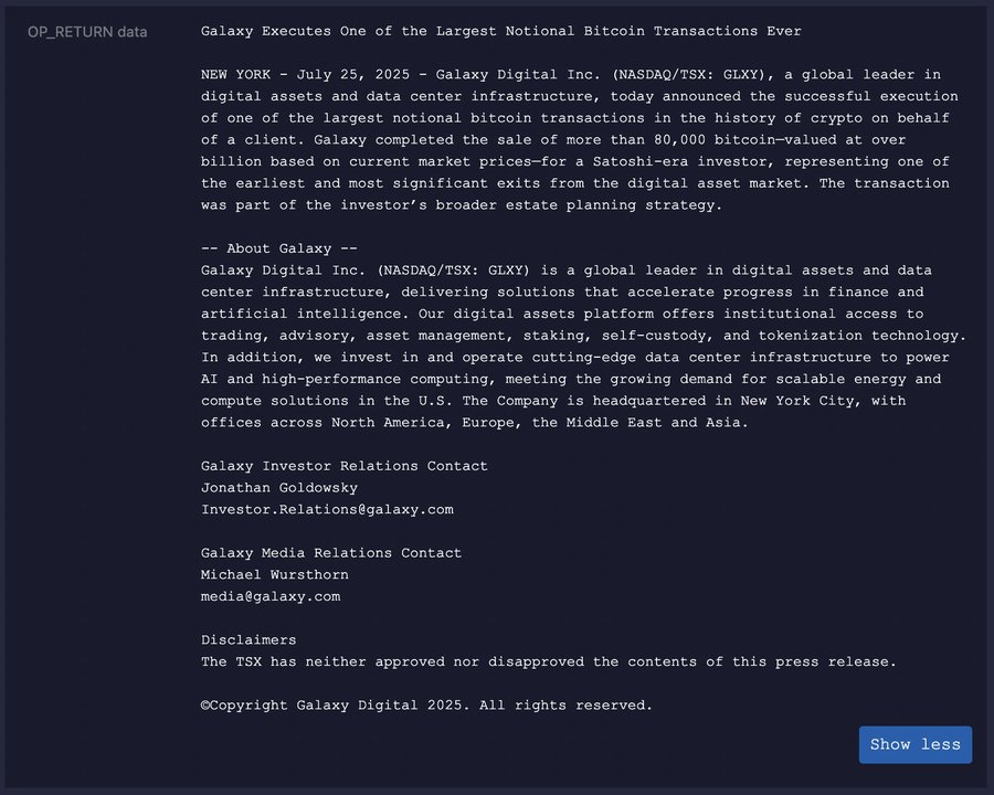 Wiadomość osadzona przez Galaxy Digital w sieci Bitcoin.