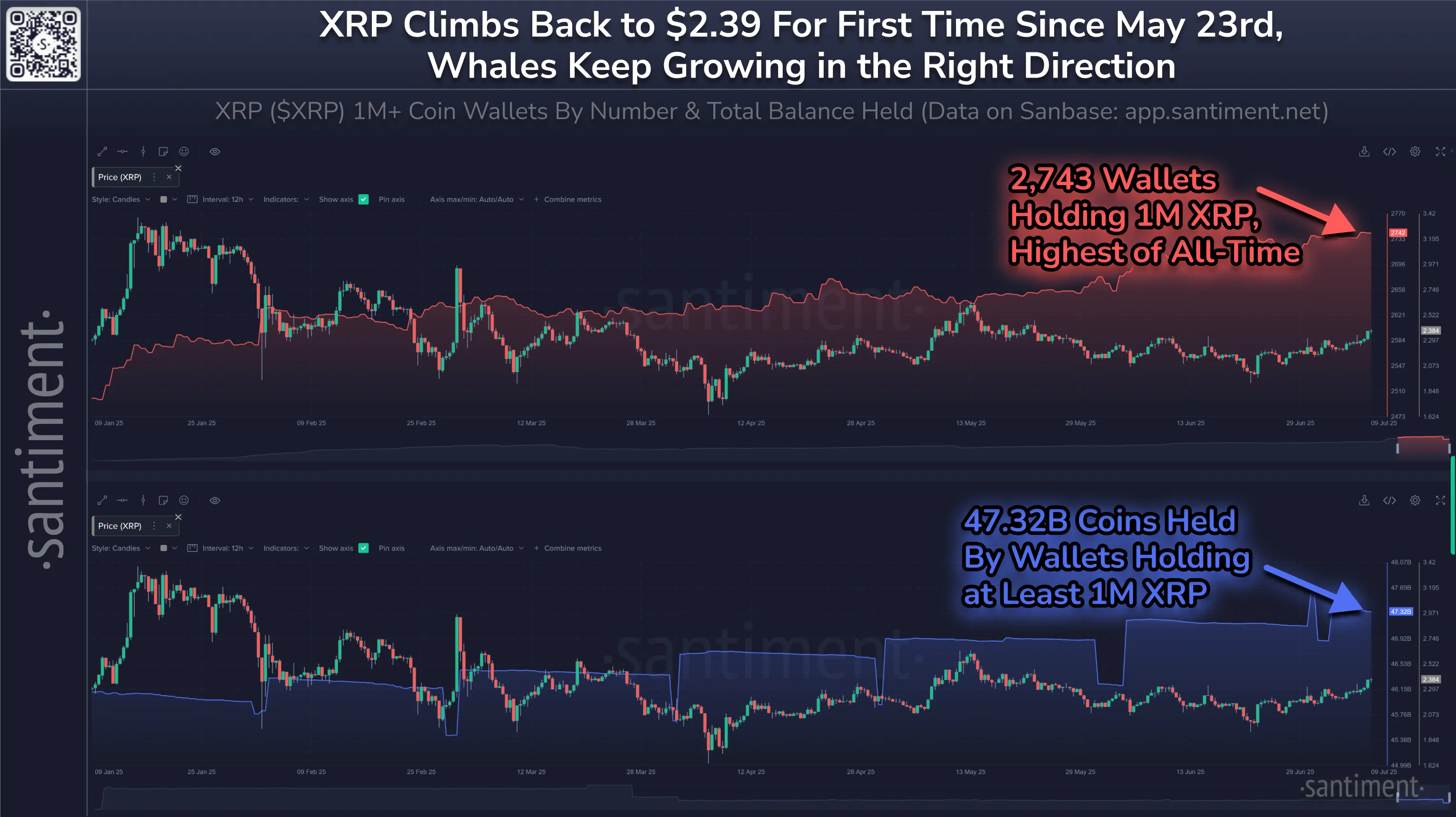 Cena XRP i liczba wielorybów XRP od początku roku. Źródło: Santiment.